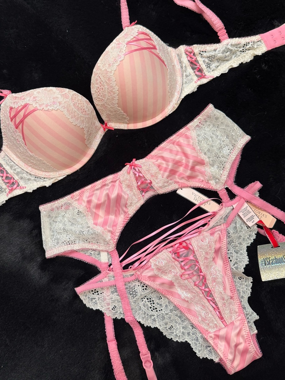 36D/XS/S 3Pc Vs Victoria Secret NYC 2015 Fashion Show pink stripe bra/belt/Panty